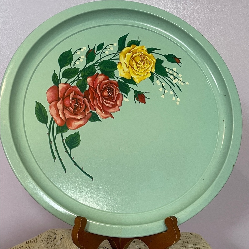 Hand-Painted Floral Metal Tray - Minty blue  with Rose Motif